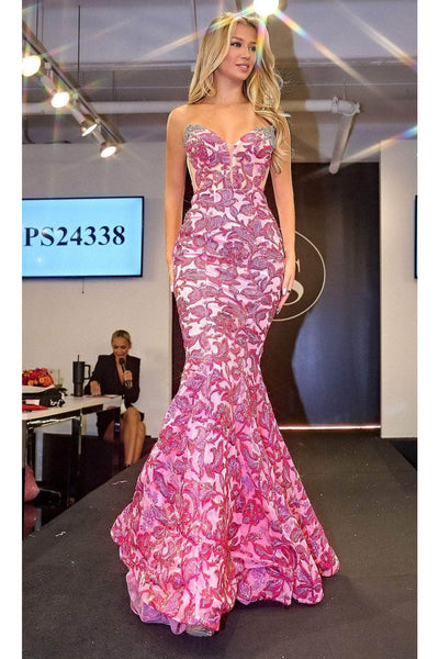 Portia and Scarlett PS24338 - long- Floral Beaded Prom Gown with V-Neck