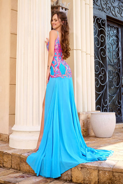 Portia and Scarlett PS24346 Blue and Pink Sleeveless Sequin Prom Gown