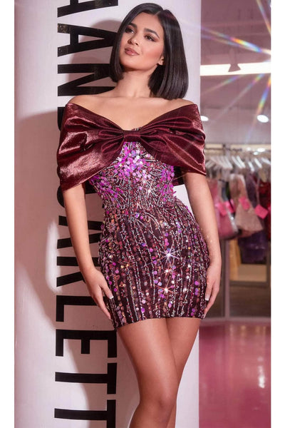 Portia and Scarlett PS24430 -short- Off-Shoulder Cocktail Dress with Bow Accent
