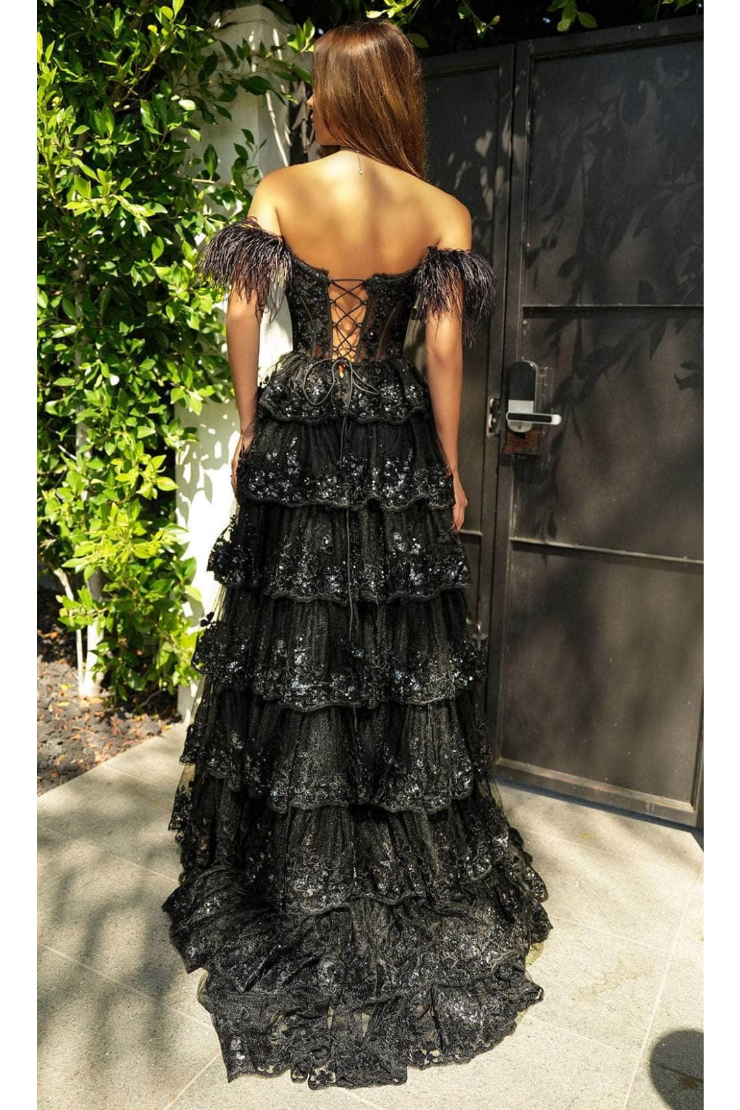 Portia and Scarlett PS24525 -long- Off-Shoulder Prom Dress with Feather Details