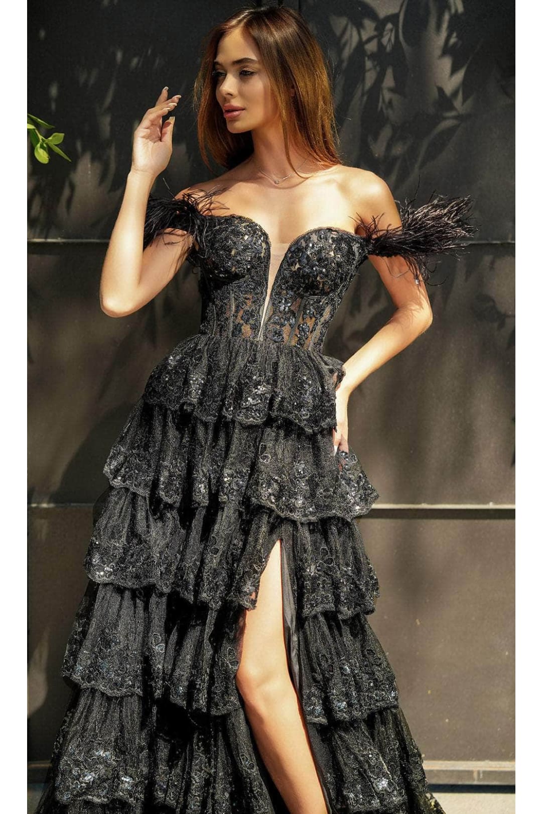 Portia and Scarlett PS24525 -long- Off-Shoulder Prom Dress with Feather Details