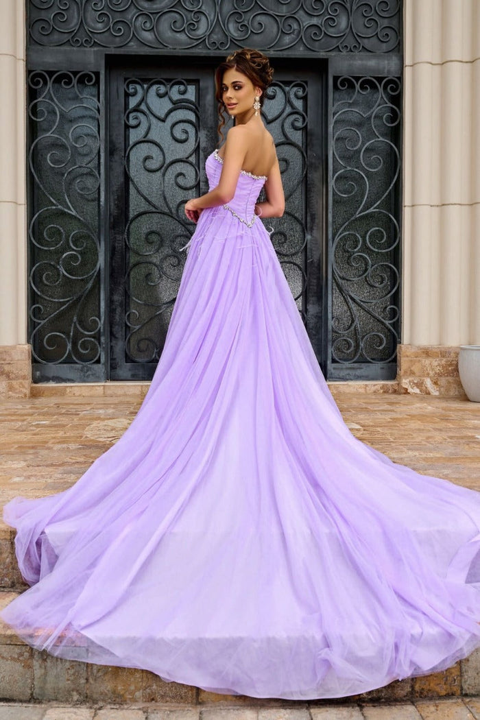 Portia and Scarlett PS24632 Ruched Corset Sweetheart High Slit Gown