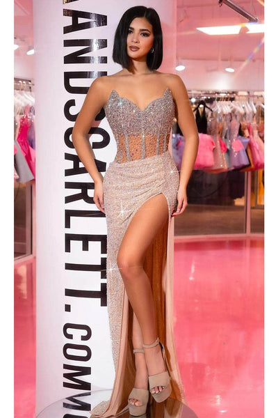 Portia and Scarlett PS25426C -long- Jeweled Evening Gown with Slit for a Dramatic Effect