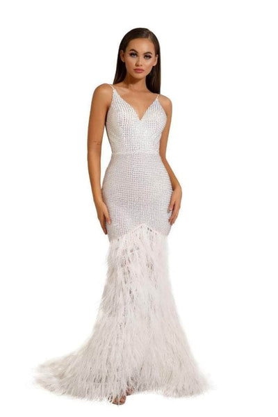 Portia and Scarlett PS6826 -long- V-Neck Feathered Dress