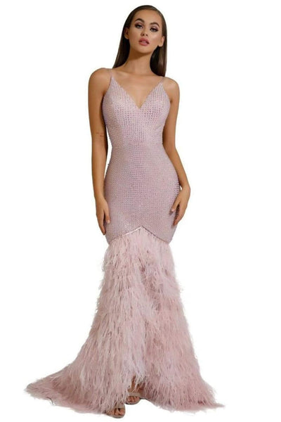 Portia and Scarlett PS6826 -long- V-Neck Feathered Dress