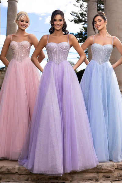 Portia & Scarlett PS25311 Spaghetti Straps A-Line Beaded Glitter Prom Ball Gown