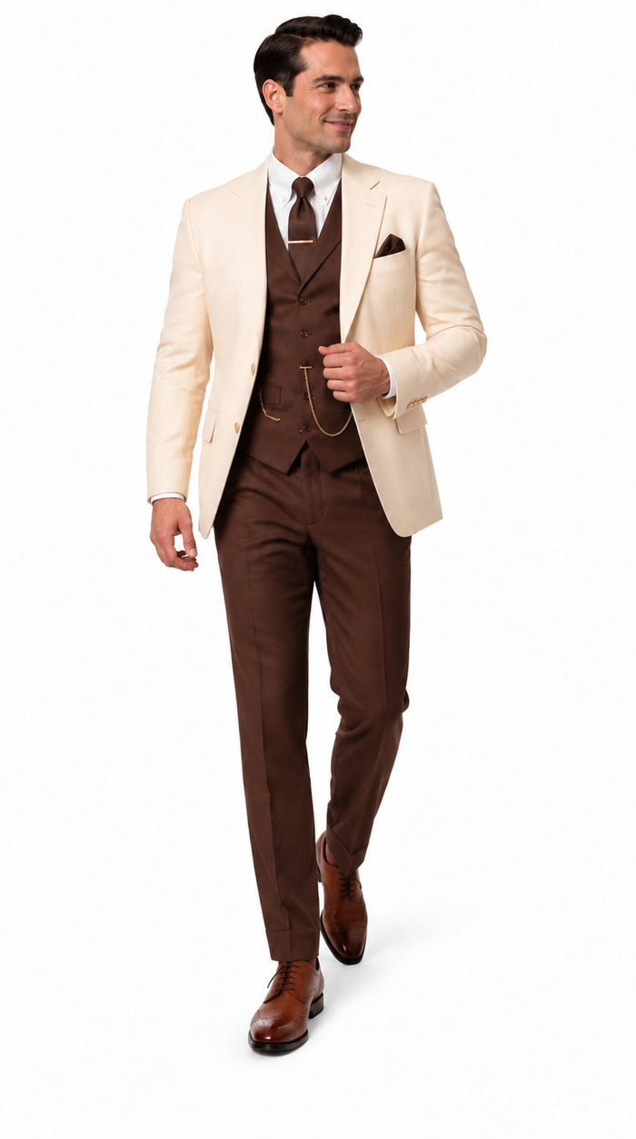 Great Gatsby 1920s Ivory Dinner Jacket with Brown Vest and Pants – Cream Off-White Collar Outfit