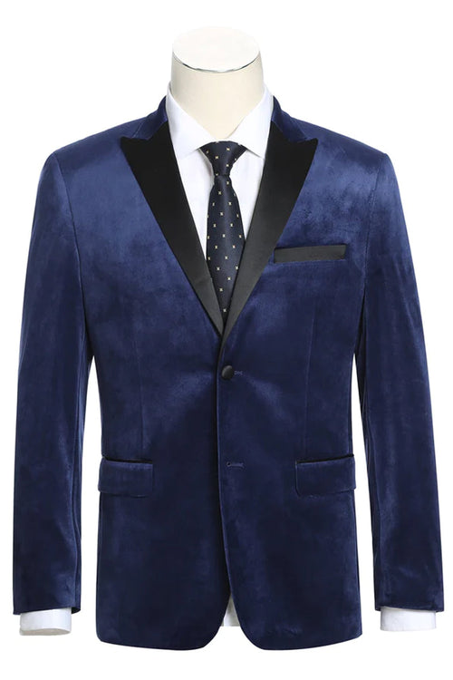 Mens Two Button Peak Lapel Velvet Prom Tuxedo Blazer in Navy Blue