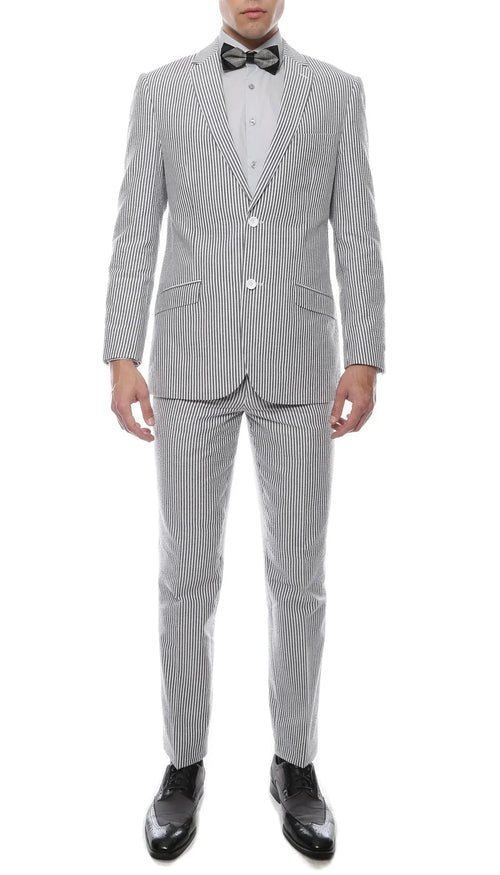 Men's Slim Fit Two Button Black Seersucker Suit