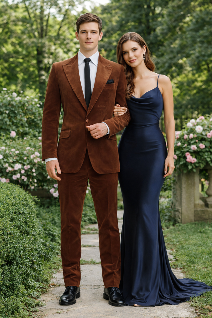 Mens Brown Velvet 2-Piece Suit - Luxury Slim Fit Formal Blazer and Pants Set in Rust Copper Color by USA Men's Outlet
