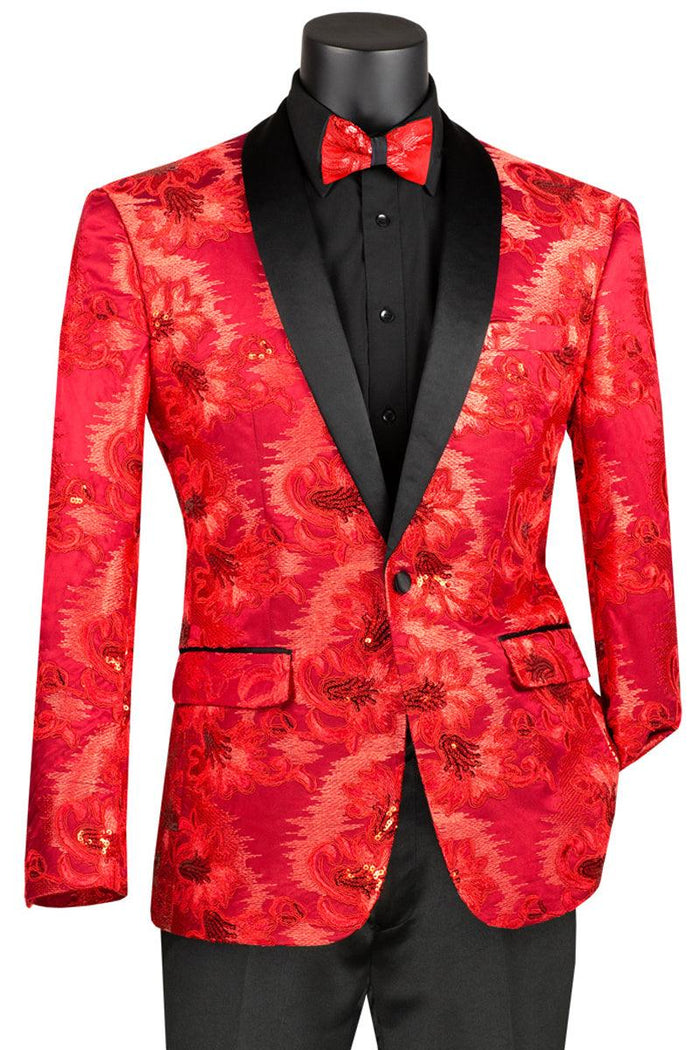 Premium Vinci Men's Red Sequin Floral Prom Tux Jacket | Slim Fit - USA Men's Outlet