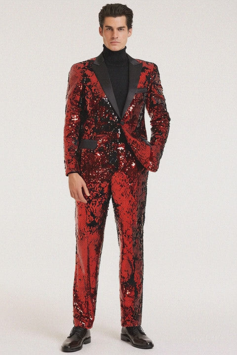 Men's Red Sequin Tuxedo Suit with Black Lapel - Luxury Slim Fit
