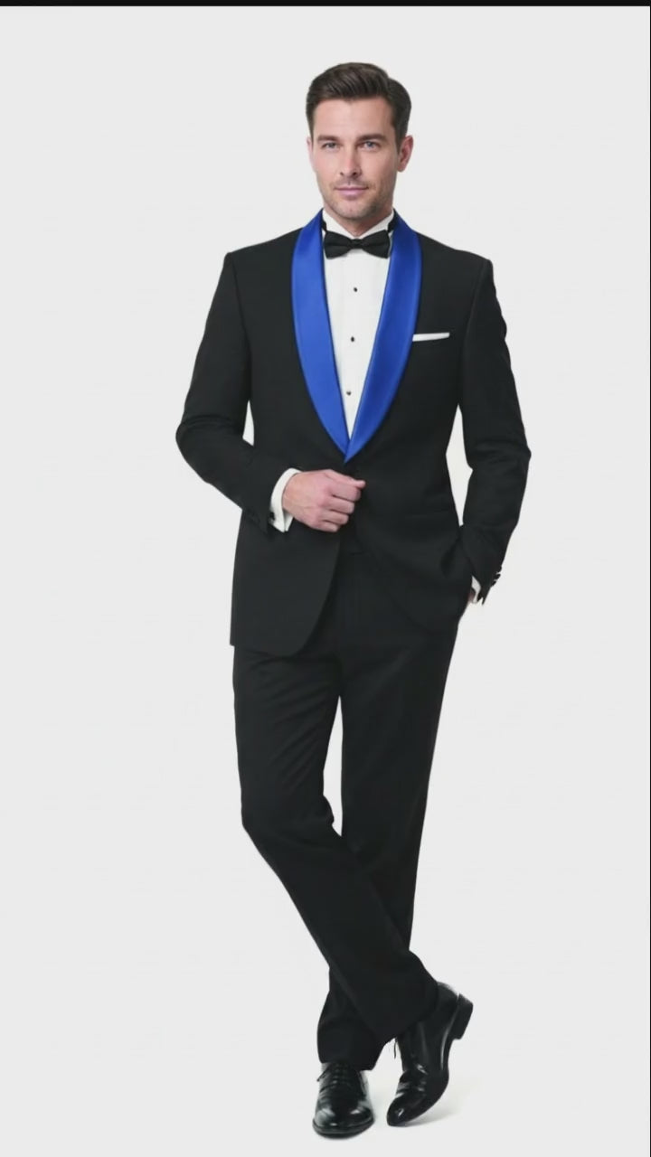 Men's Black Tuxedo with Royal Blue Shawl Lapel - Modern Formal Dinner  Jacket Suit + Pants for Weddings, Proms