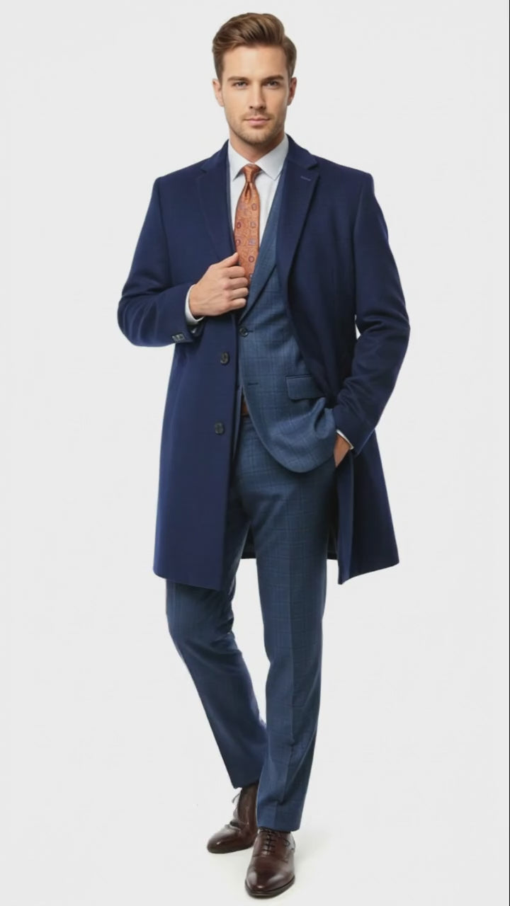 Mens Cobalt Blue Wool and Cashmere Car Coat Overcoat – Classic Winter