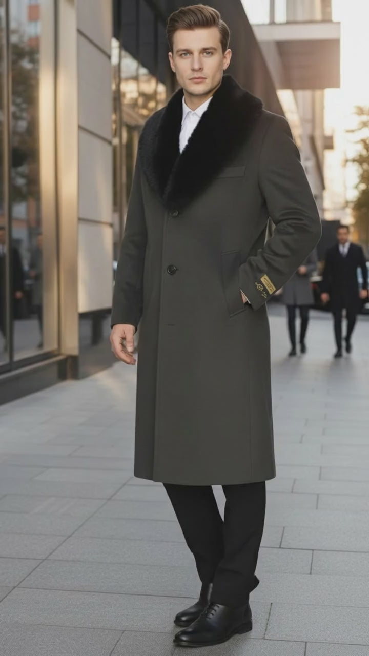 Mens Full Length Olive Overcoat with Black Fur Collar - Luxury