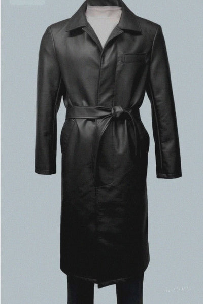 Men’s Black PU Belted Trench Coat 