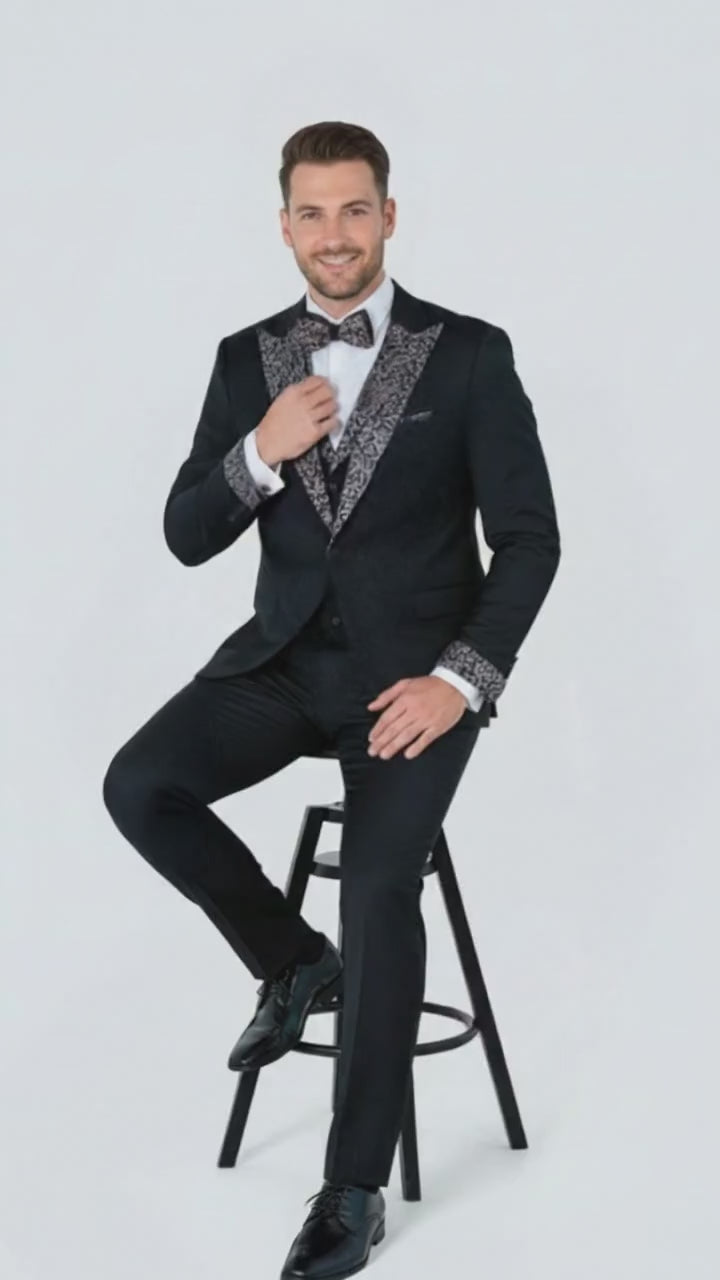 Boy's Outlet Black And White Silver Embellished Tuxedo Suit + Bowtie 3-piece Formal Wedding, Prom 2026, Gala Outfit 34 Short or Extra Small