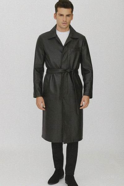 Men’s Black PU Belted Trench Coat 