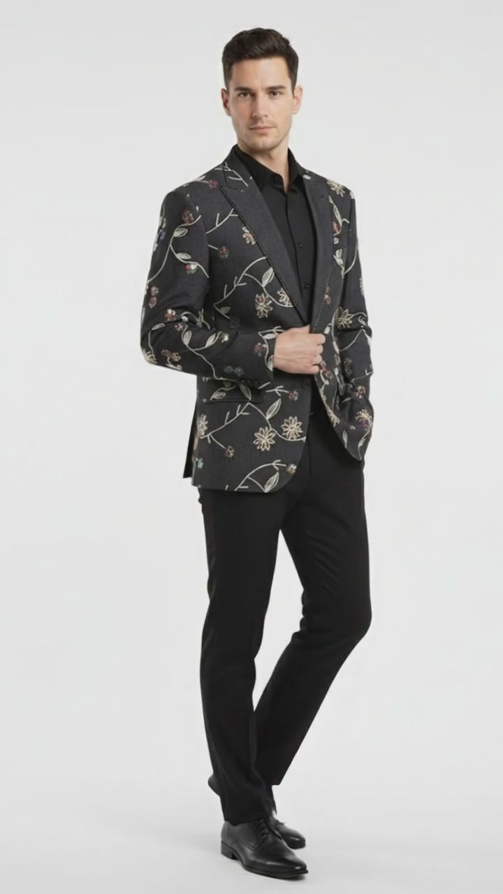 slim fit dress slacks Men's Luxury Black Floral Embroidered Blazer Designer Party and Wedding Wear Jacket USA Outlet