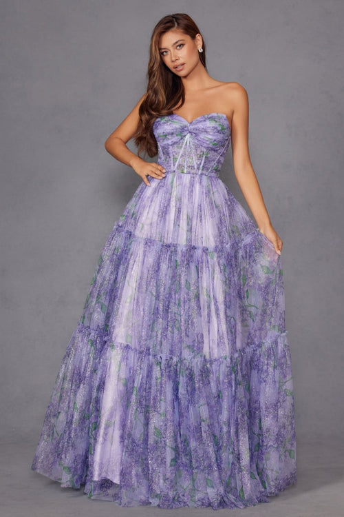 Print Strapless A-line Gown by Juliet JT2507A