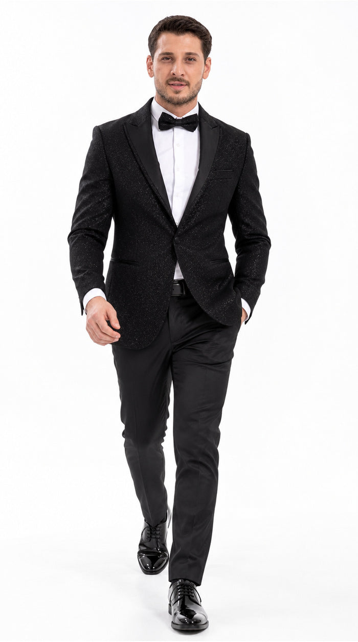 Mens Black Tuxedo - New Year Christmas Sequin Sparkly Shiny Holiday Dinner Jacket + Pants