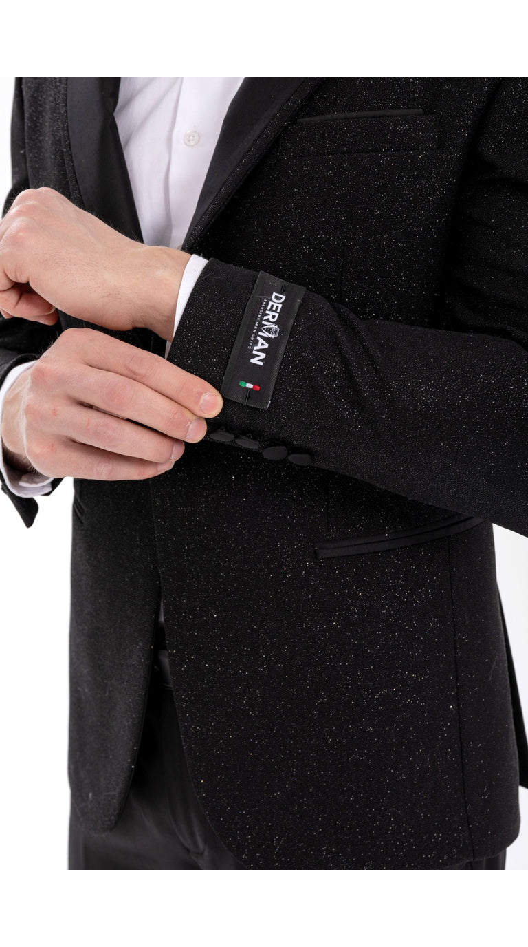 Mens Black Tuxedo - New Year Christmas Sequin Sparkly Shiny Holiday Dinner Jacket + Pants