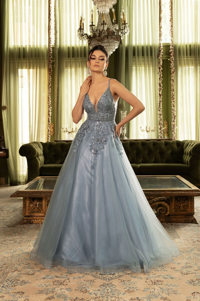 Prom Dress Sleeveless Plunging Neck Gala Gown By May Queen MQ2135