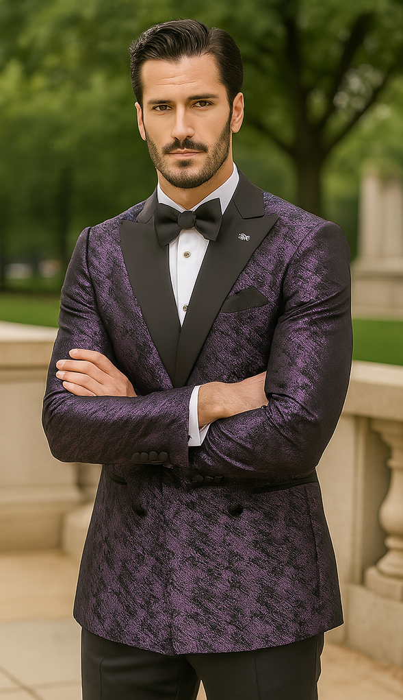 Purple Double Breasted Rough Streak Pattern Satin Peak Lapel Stacy Adams Men's Jacket