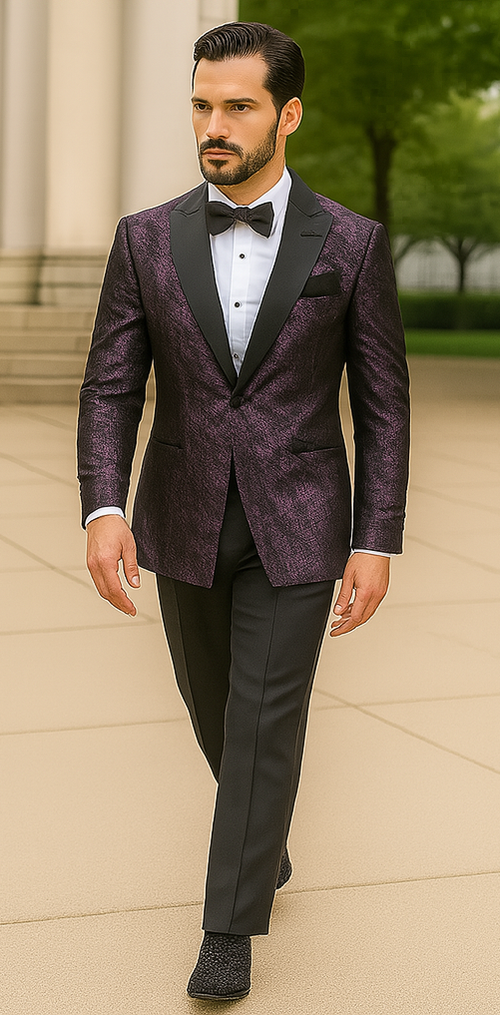 Purple Double Breasted Rough Streak Pattern Satin Peak Lapel Stacy Adams Men's Jacket