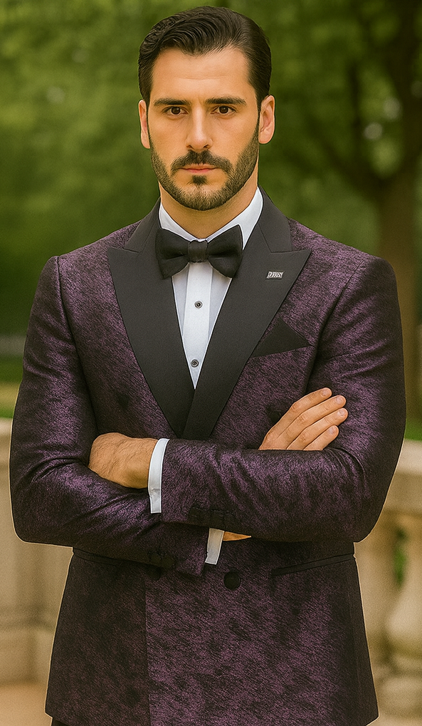 Purple Double Breasted Rough Streak Pattern Satin Peak Lapel Stacy Adams Men's Jacket