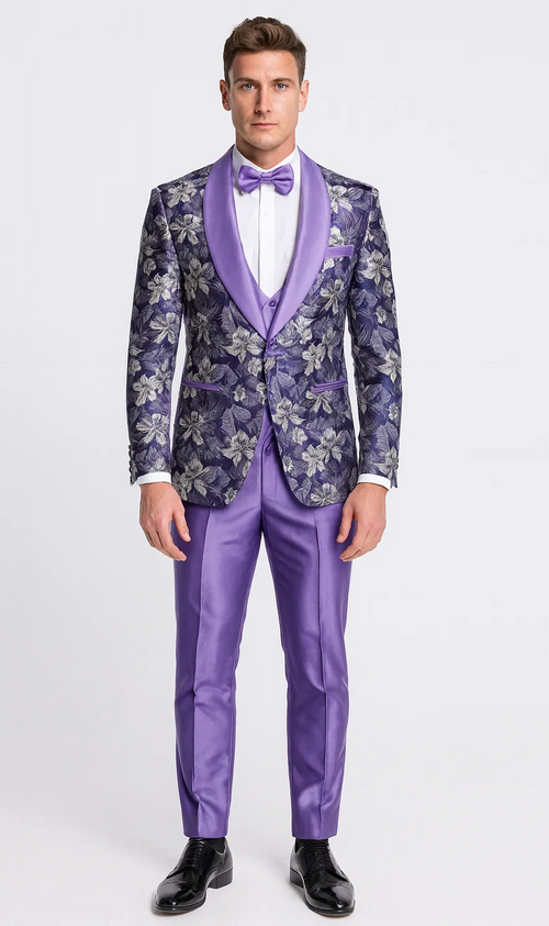 Purple Floral Tuxedo Set with Shawl Lapel – Wedding & Prom