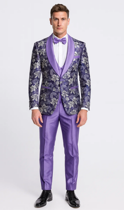 Purple Floral Tuxedo Set with Shawl Lapel – Wedding & Prom