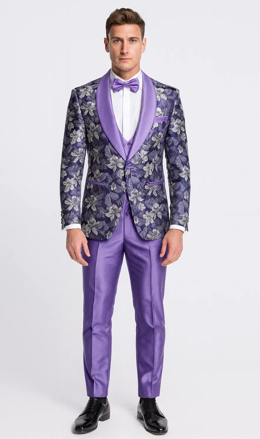 Purple Floral Tuxedo Set with Shawl Lapel – Wedding & Prom – SuitUSA