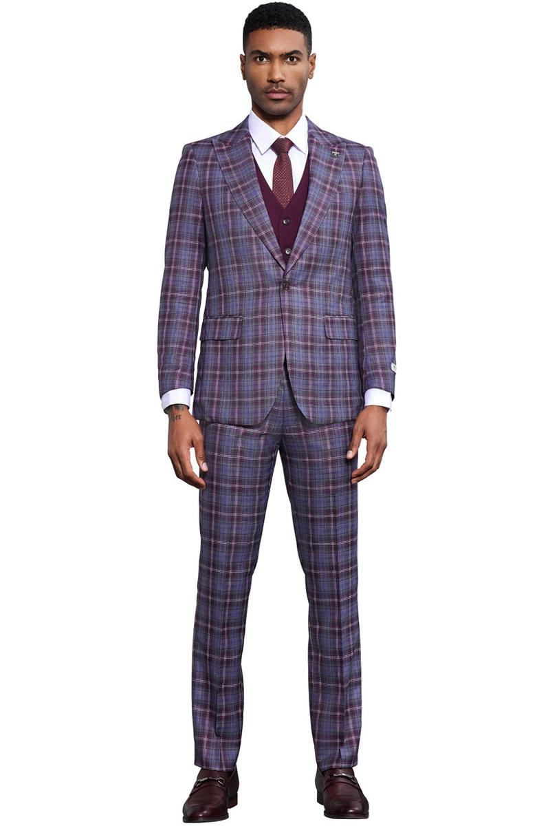 Men's Stacy Adams Bold Windowpane Plaid Print Vested Suit in Lavender & Purple