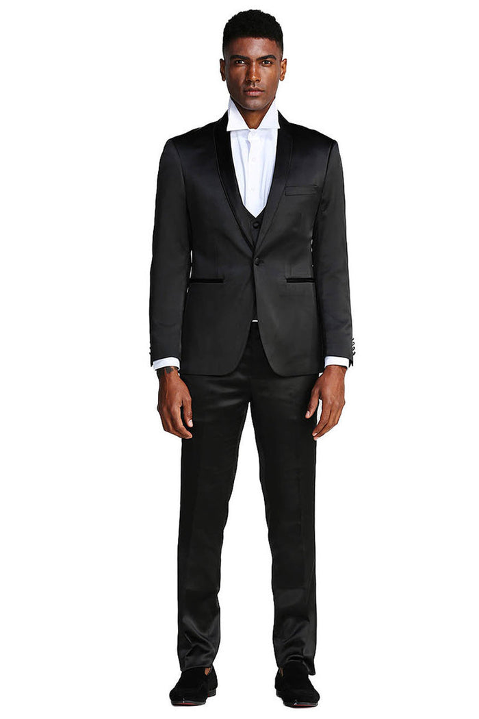 Black Men's Slim Fit Satin Tuxedo Suit - Vested Prom & Wedding Attire by Tazzio