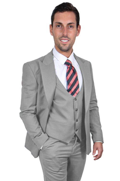 Answer: Men's Light Grey Vest One-Button Suit by Stacy Adams