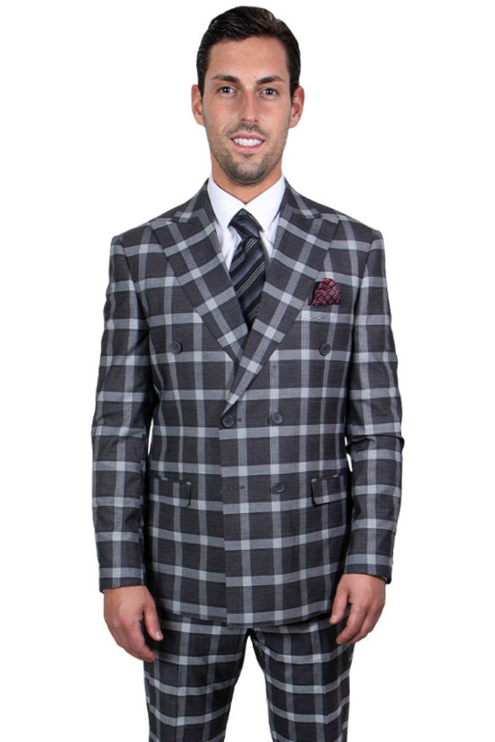 Stacy Adams Double-Breasted Men's Suit in Black & Grey Windowpane