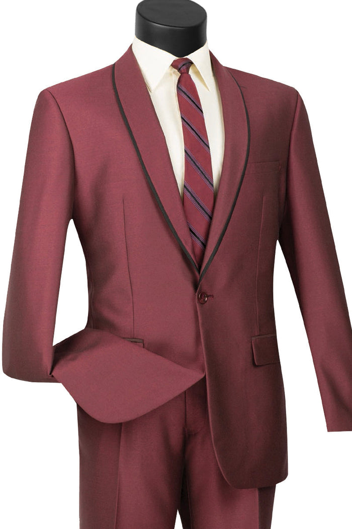 Mens One Button Shawl Tuxedo Suit With Trim in Apple by Vinci