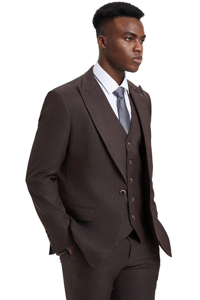 Men's Stacy Adams Vested One Button Wide Peak Lapel Windowpane Plaid Suit in Brown