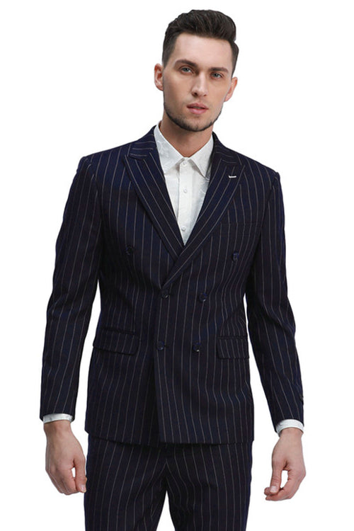 Men's Navy Pinstripe Double Breasted Suit by Tazio