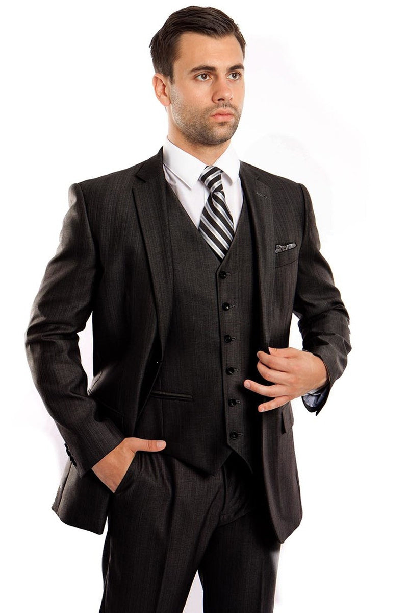 Men's Sharkskin Business Suit with Vested Style in Classic Black