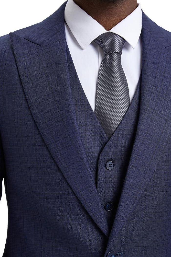 Men's Stacy Adams Vested One Button Wide Peak Lapel Windowpane Plaid Suit in Eggplant Purple