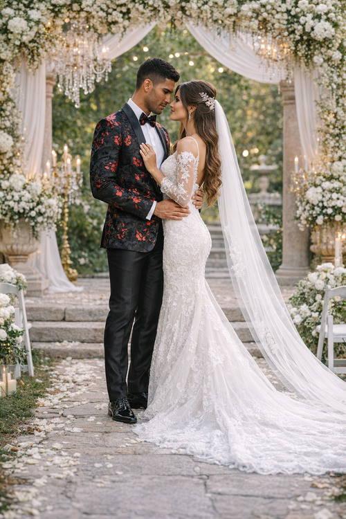 Red and Black Tuxedo Jacket Floral Pattern Slim Fit - Wedding - Prom