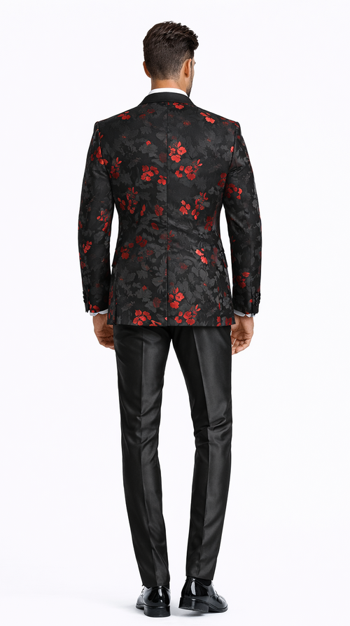 Red and Black Tuxedo Jacket Floral Pattern Slim Fit - Wedding - Prom
