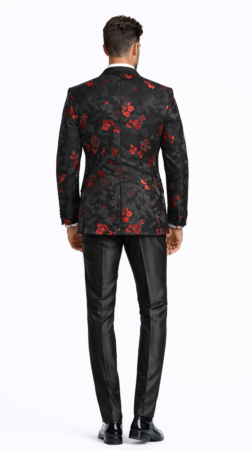 Red and Black Tuxedo Jacket Floral Pattern Slim Fit - Wedding - Prom