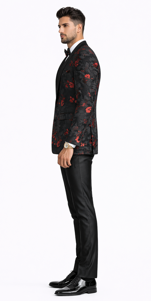 Red and Black Tuxedo Jacket Floral Pattern Slim Fit - Wedding - Prom