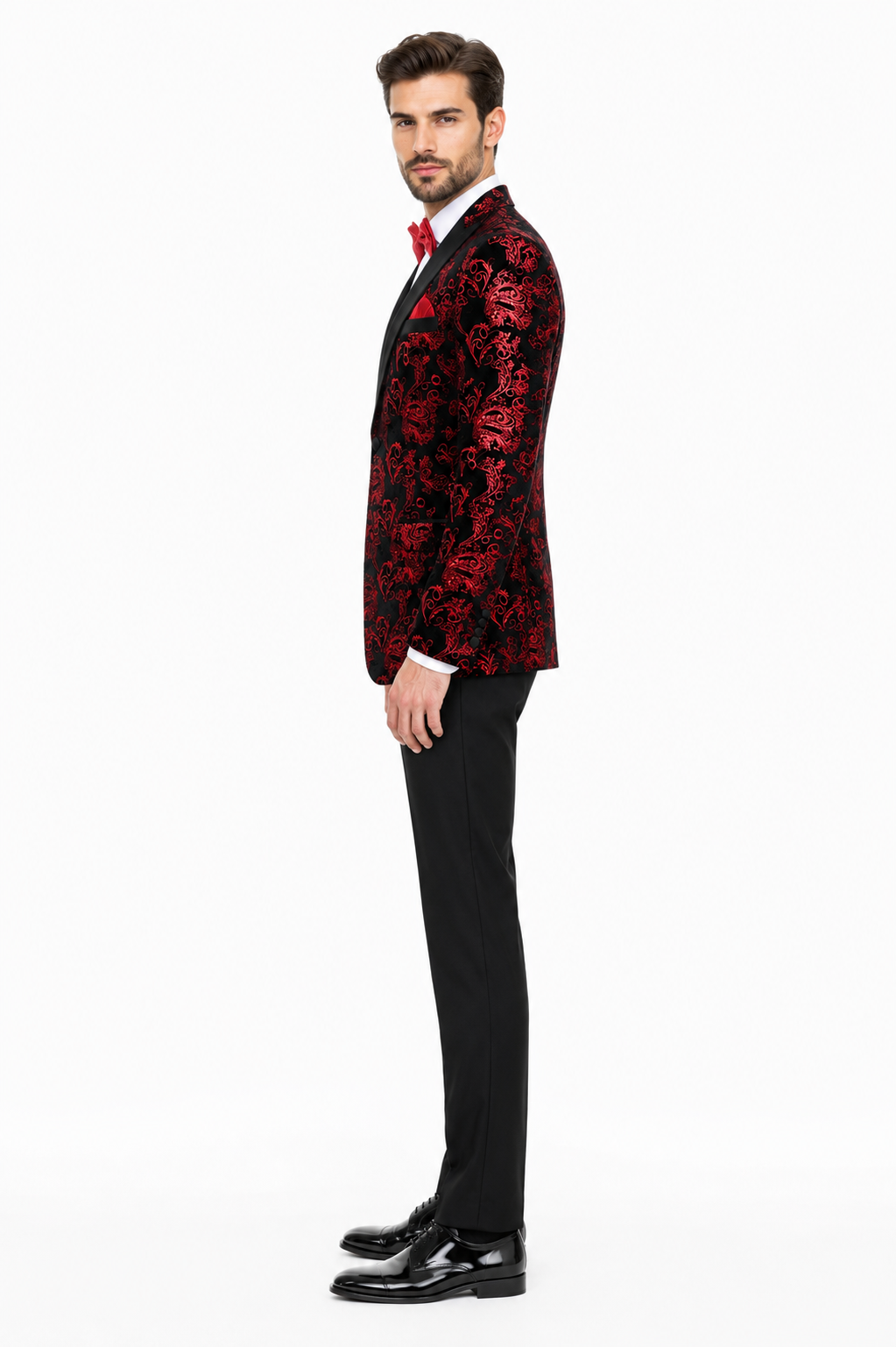 Unique Prom Suits - Interesting Fun - Men's Modern Fit Velvet Floral Paisley Foil Red and Black Tuxedo Jacket