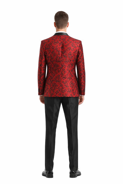 Red/Black  Prom Tuxedo Suit - Red/Black Wedding Suit - Men's One Button Slim Fit Shiny Paisley Floral Vested Prom Tuxedo