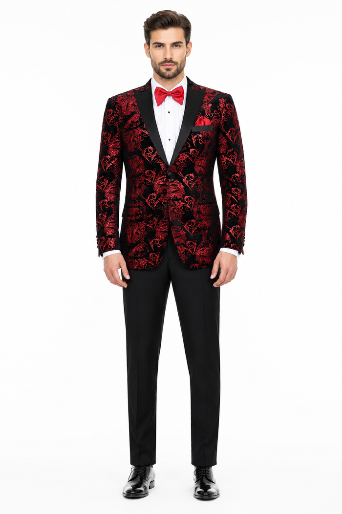 Unique Prom Suits - Interesting Fun - Men's Modern Fit Velvet Floral Paisley Foil Red and Black Tuxedo Jacket