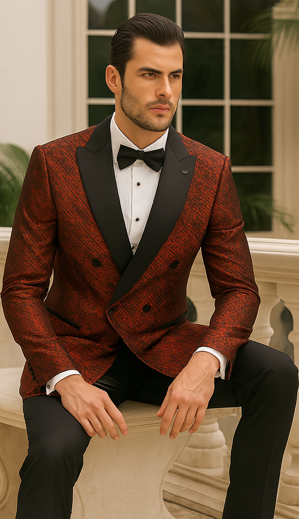 Red Double Breasted Rough Streak Pattern Satin Peak Lapel Stacy Adams Men's Jacket